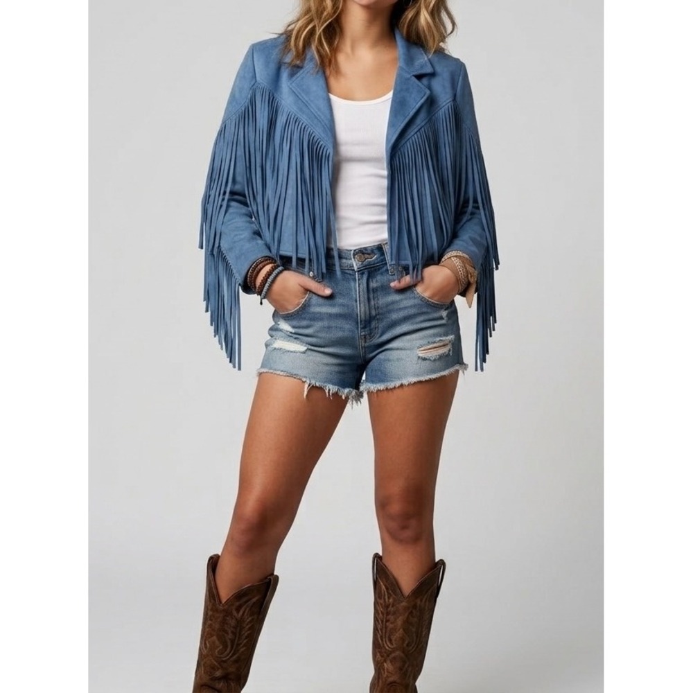 SAINTS & HEARTS Curvy Fringe Suede Jacket Womens 1X Blue Cropped Western Boho - Picture 8 of 10